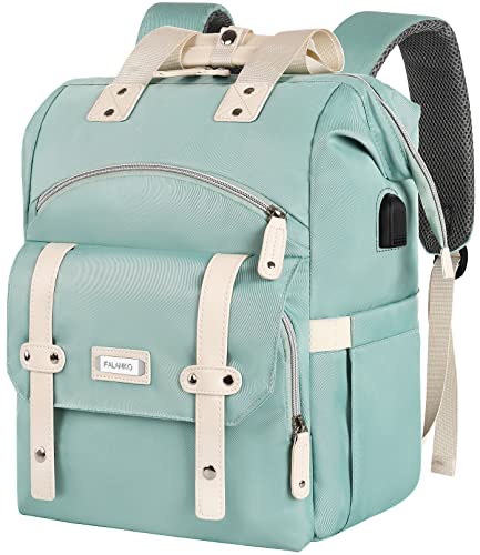 FALANKO Laptop Backpack for Women,Doctor Teacher Nurse Work Bookbag for 15.6 Inch Laptop,Large Travel Wide Open College Shoulder Purse Bag With RFID Anti Theft USB Charging Port-Green