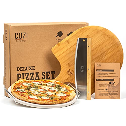 Cuzi Gourmet 4-Piece Large Pizza Stone Set - 13' Thermal Shock Resistant Cordierite Pizza Stone with Handle Rack, 19' Natural Bamboo Pizza Peel & Pizza Cutter - Large Baking Stone for Grill and Oven