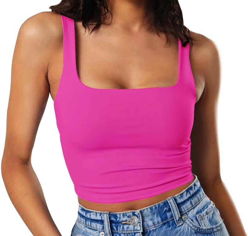 Artfish Women's Sleeveless Strappy Crop Tank Tops Square Neck Camis Going Out Neon Hot Pink, S