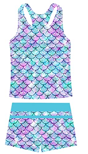 UNIFACO Girls Swimsuit Boyshort Two Piece Tankini Sets Swimwear Mermaid Purple Bathing Suit Size 7-8