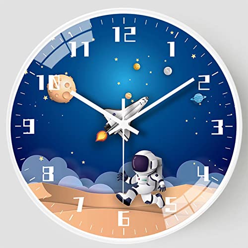 QINFIEY 12 Inch Silent Movement Kids Wall Clock, Non Ticking Children Round Wall Clock Battery Operated Space Travel Style Decor Children Clock for Home School Boys Bedroom Living Room (White)