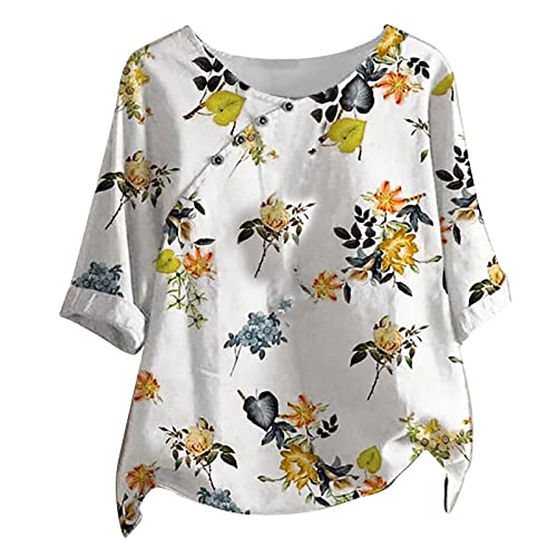 Wirziis Women Summer Cotton Linen Tshirt Tops Trendy Dandelion Print Casual Loose Fit Tunic Tee Lady Plus Size Crewneck Blouse, Yellow, XX-Large