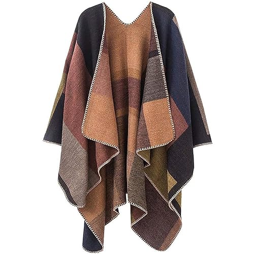 PAMEILA Women's Travel Plaid Shawl Wraps Open Front Poncho Cape Warm Oversized Sweaters Casual Cardigan Shawls for Fall Winter,Series 01-Khaki