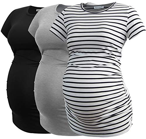 Smallshow Women's Maternity Tops Side Ruched Tunic T-Shirt Pregnancy Clothes Medium White Stripe-Black-Grey