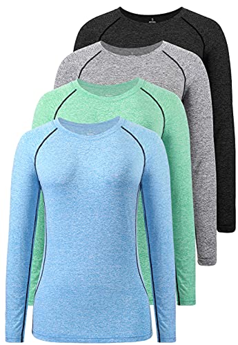 Star Vibe Dry Fit Long Sleeve Tshirt for Women Moisture Wicking Long Sleeve Tee Outdoor Compression Running Workout Tops 4 Pack Black/Grey/Green/Blue S