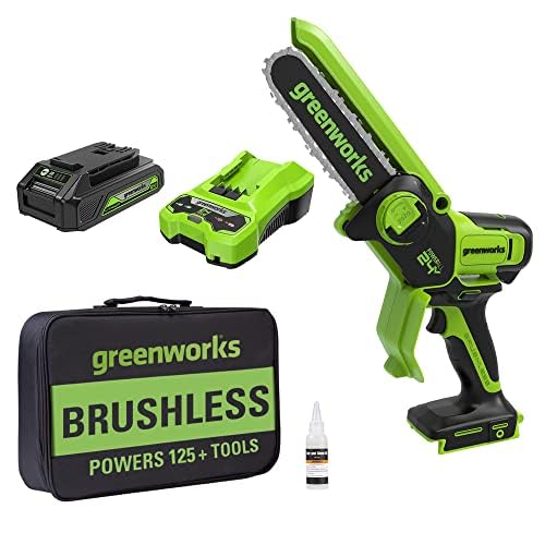 Greenworks 24V 6' Brushless Mini Chainsaw, Small Cordless Handheld Saw (Great For Tree Branches, Pruning, and Camping), 2.0Ah Battery and Charger Included