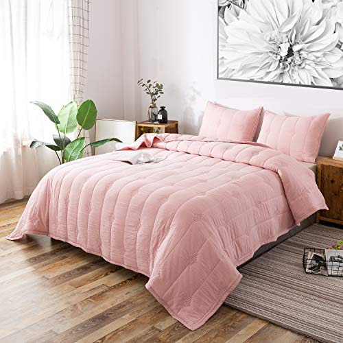 ANNA.Z HOME 3 Pc Mini Quilt Comforter Set. Stone Washed Soft Fabric. Down Alternative Microfiber Fill. Allover Embroidery Stitching. Machine Washable. Solid Colors. (Pink, Queen Set)