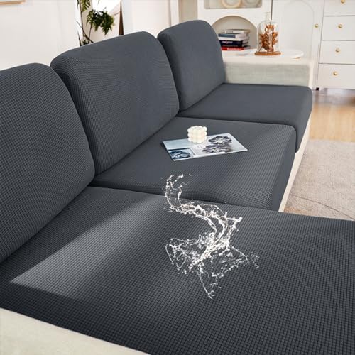 hyha Waterproof Couch Cushion Covers, Washable Sofa Cushion Covers, Stretch Sofa Slipcovers, Thick Jacquard Fabric, Couch Sofa Covers for Pets with Elastic Bottom (3 Cushion Sofa, Gray)