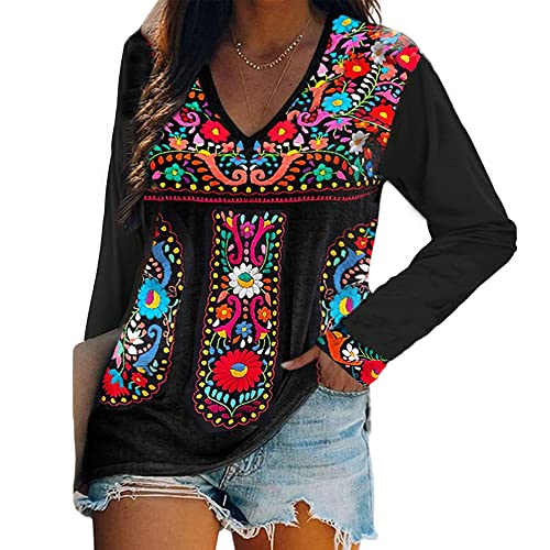 Melliflo Long Sleeve Tee Shirts for Women Mexican Embroidered Shirt V Neck Peasant Blouse Ethnic Style Boho T-Shirts(V Black. X-Large)