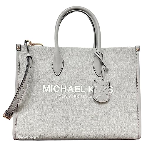 Michael Kors Mirella East West Medium Tote Pearl Grey MK Multi Signature Logo Print