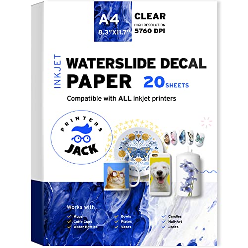 Printers Jack Water Slide Decal Paper Inkjet Clear 20 Sheets A4 Size Premium Water Slide Transfer Paper Transparent Printable Waterslide Paper for Tumblers, Mugs, Glasses DIY