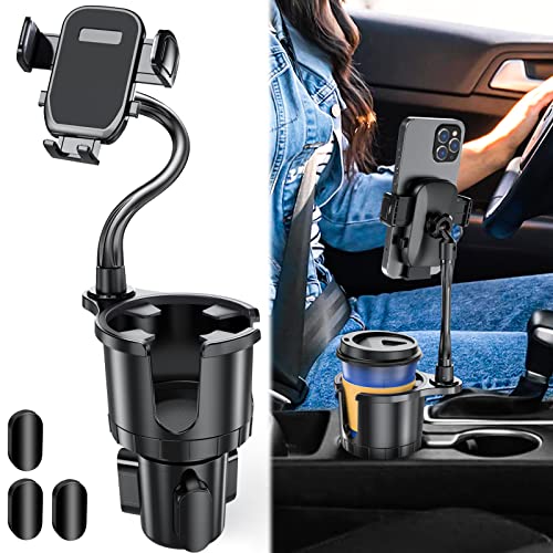 Car Cup Holder with Phone Mount, 2 in 1 Adjustable Cup Holder Expander with 360° Rotation Gooseneck Cellphone Holder Fits All Smartphones,Universal Seat Cup Holder Adapter Hold Up to 17-40 oz Drink