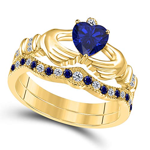 DS Jewels 14k Gold Plated .925 Sterling Silver Claddagh Bridal Set Ring 1.00 ctw Heart Cut CZ Blue Sapphire & Cubic Zirconia Curved Wedding Band & Crown Engagement Ring Size 4 to 11