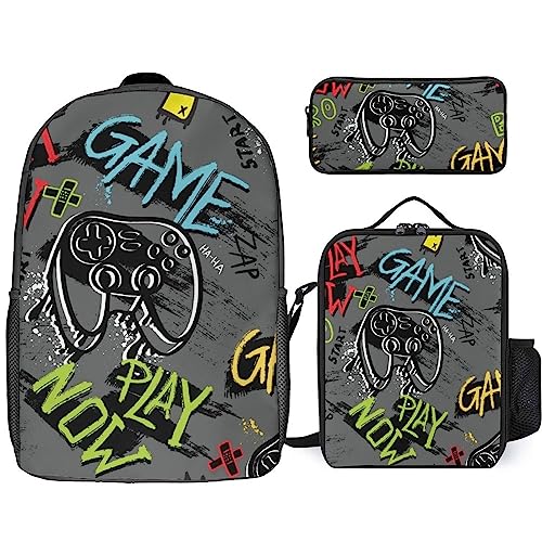 NAWFIVE Joysticks Gaming Gamepad Backpack with Lunch Box And Pencil Case Set Doodle Game Travel Daypack Bookbag for Men Women Laptop Backpack 3pcs
