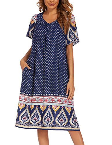 Ekouaer Womens Nightgown Short Sleeve House Dress with Pockets-Floral Print Mumu Dress Navy Blue L