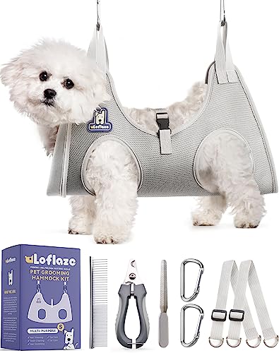 Loflaze Dog Grooming Hammock Harness for Dogs & Cats with Pet Nail Clipper Trimmer - Cat Hanger Sling for Trimming Clipping Nails- Dog Hammock Restraint Bag for Small Medium Large Dog （ Grey S ）