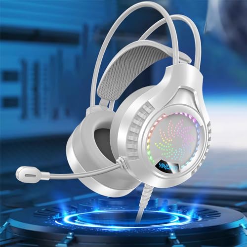 Gaming Headset - Headworn Earphones, Wired Earphones, Noise Cancelling Headphones with Mic, Illuminated Dual 3.5mm+USB Powered Gaming Earphones(White) #B