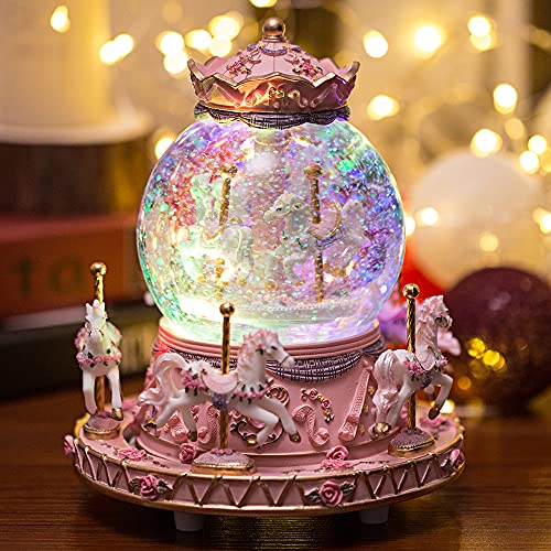 LOVE FOR YOU Gift Wrapped Music Box Carousel Horses Color Lights Unicorn Musical Snow Globe for Girls and Women Baby Kids Niece Sister Daughter Mom Granddaughter Grandma Birthday Mothers Day Present