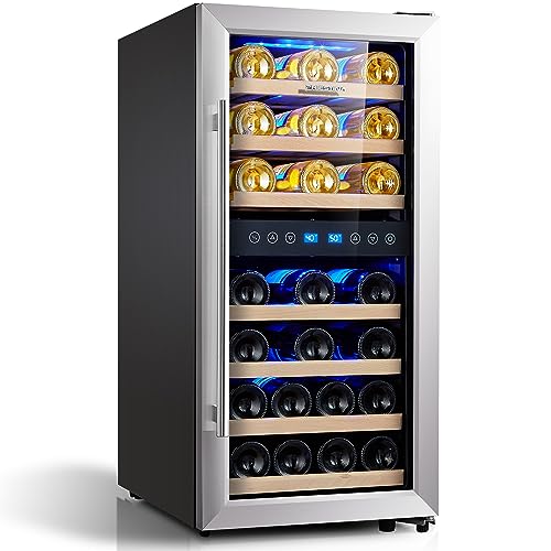 Phiestina Wine Cooler Refrigerator 16 inch Wine Refrigerator 33 Bottles Dual Zones Mini Wine Fridge Auto Defrost Temperature Memory Glass Door 7 Removable Shelves Quiet for Home Bar Office