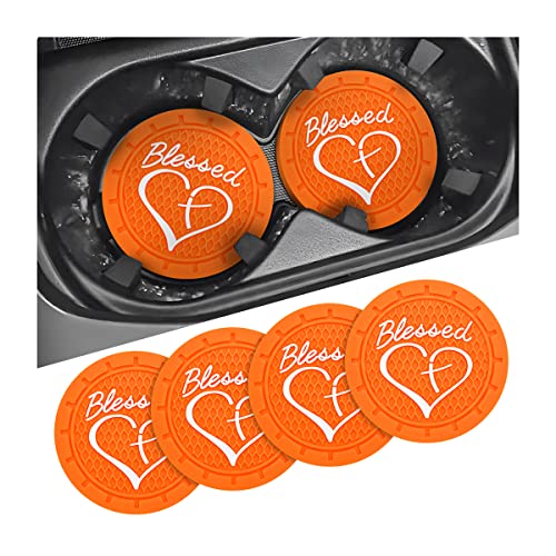 AICEL 4 Pack Car Cup Coasters, 2.75 Inch Soft PVC Car Cup Holder Insert Coaster, Blessed Cross and Heart Christian Anti Slip Shockproof Drink Mat, Universal Vehicle Interior Accessories (Orange)