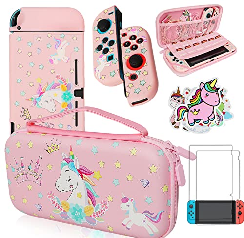 Pink Unicorn Carrying Case Compatible with Nintendo Switch (Not OLED or Lite) with Dockable Protective Grip Case +Screen Protector +Unicorn Stickers, Hard Storage Case Accessories Kit Bundle for Girls