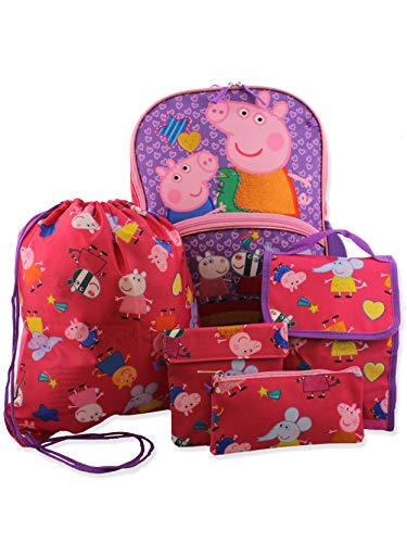 Peppa Pig Girls 5 piece Backpack and Lunch Bag School Set (One Size, Pink/Purple)