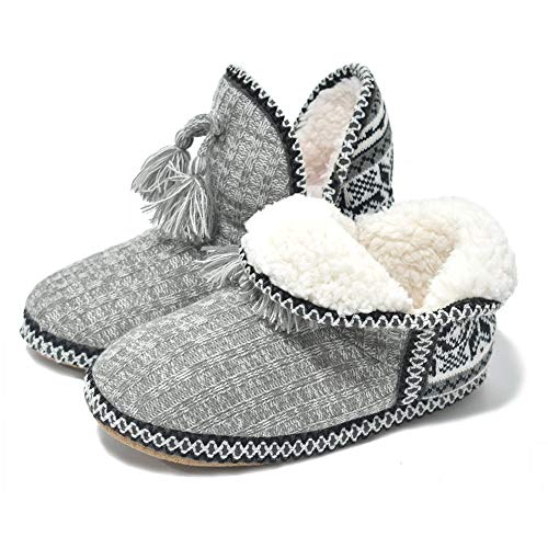 GPOS Women's Cashmere Knit House Slipper Booties Cotton Quilted Warm Indoor Ankle Boots Grey