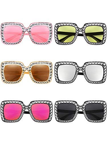 Frienda 6 Pairs Crystal Oversized Square Sunglasses Diamond Glitter Sunglasses Retro Thick Frame Sunglasses(Black, Tawny, Purple, Watermelon Red, Yellow, Silver)