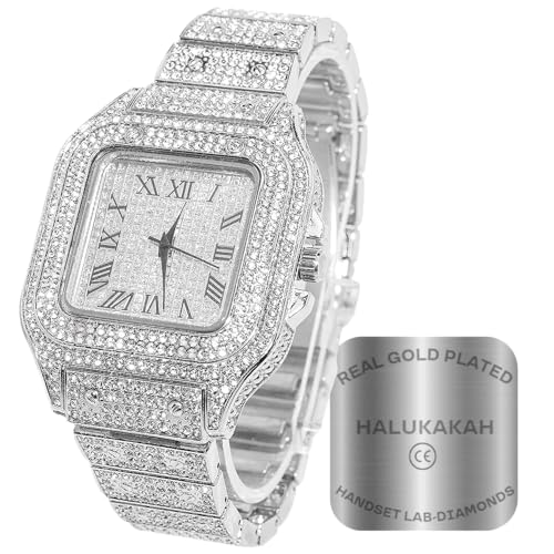 Halukakah Men's Diamond Watch - The King - Platinum Plated, 40MM Square Dial, Iced Out Wristband, Lab Diamonds Handset, Comes in Giftbox,Gift for Men Son Husband