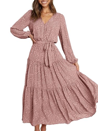 PRETTYGARDEN Women's 2024 Long Sleeve Ruffle Wrap V Neck Floral Maxi Dress Tie Waist Boho Chiffon Casual Flowy Long Dress(Pink,Large)