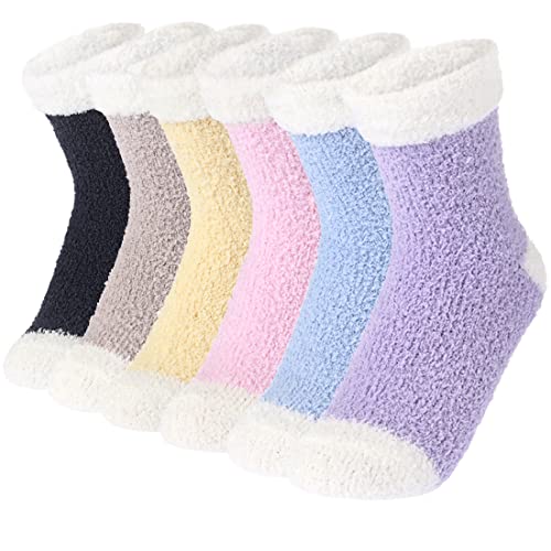 Plush Slipper Socks Women - Colorful Warm Fuzzy Fluffy Crew Socks Cozy Soft 6 Pairs for Winter Indoor