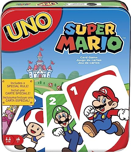 Mattel Games UNO Super Mario Card Game, Video Game Themed Travel Game in Collectible Storage Tin with Special Rule (Amazon Exclusive)