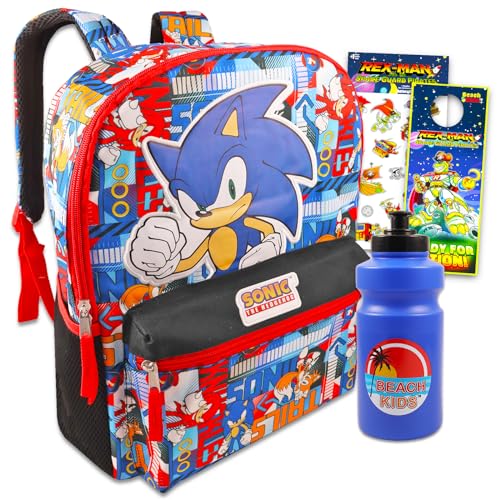 Sonic the Hedgehog Backpack for Boys 4-6 - Bundle with 16' Sonic Backpack Plus Water Bottle, Stickers, More | Sonic Backpack Set