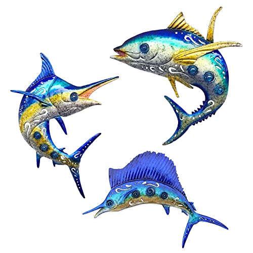 VinSees metal fish wall decor, outdoor wall art decor,bathroom beach decor，coastal ocean sea wall decor, large size metal marlin tuna wall art, tropical themed home pool beach decorations. Set of 3 ,