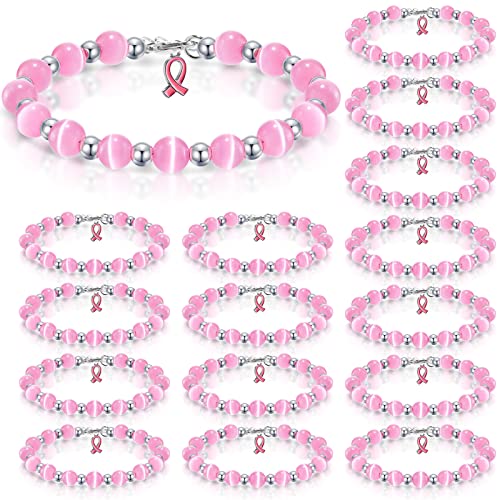 Kenning 16 Pcs Breast Cancer Awareness Bracelets for Women Adjustable Pink Ribbon Beaded Bracelets Breast Cancer Bracelets Bulk for Showing Support or Wear in Memory()