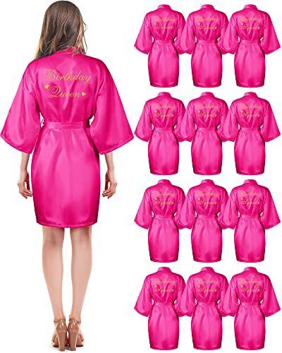 Hicarer 12 Pcs Women's Birthday Party Robes Gold Glitter Queen Squad Kimono Silky Nightgown Satin Bathrobes Dressing Gown (Rose Red)
