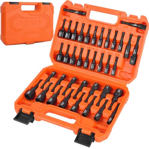 FTIHTRY 39Pcs Magnetic Nut Driver Set for Impact Drill, Metric & SAE Magnetic Impact Drill Driver Bit, 1/4' Hex Shank, Fully Magnetic Hex Nut Driver Drill Bit Master Kit