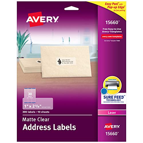 Avery Printable Address Labels with Sure Feed, 1' x 2-5/8', Matte Clear, 300 Blank Mailing Labels (15660)