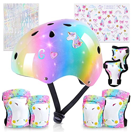 Kids Helmet, Toddler Bike Helmet with DIY Stickers Unicorn Knee Pads and Elbow Pads Set Adjustable Protective Gear Set for Girls Age 3-5-8 Years