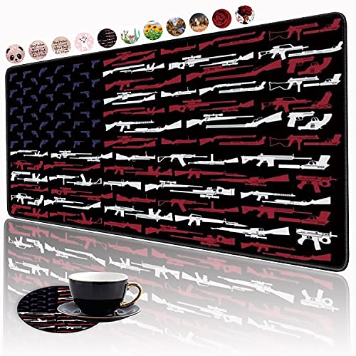 XXL Large Gaming Mouse Pad, Ergonomic Larger Extended Gaming Mouse Pad Non-Slip Rubber Base for Work Gaming Office Home Computer + Cup Coaster, American Gun Flag USA