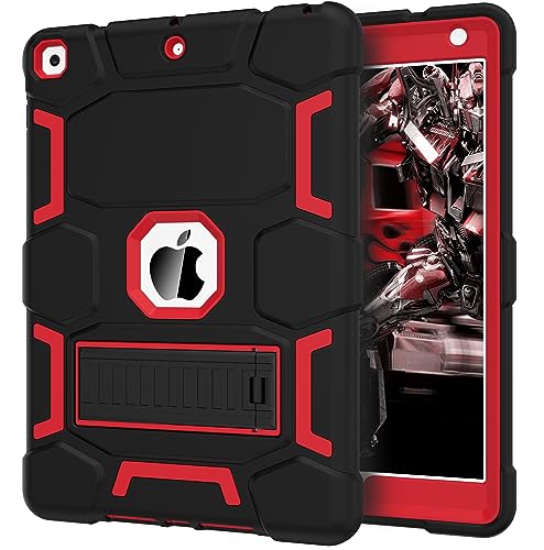 CCMAO iPad 9th Generation Case, iPad 8th/7th Generation Case, iPad 10.2 2021/2020/2019 Case with Kickstand, Heavy Duty Shockproof Hard Hybrid Three Layer Protective Cover, Black+Red