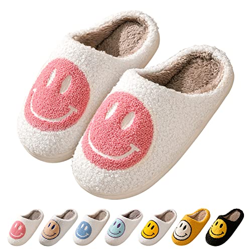 Smiley Face Retro Soft Plush Warm Slip-on Indoor Outdoor Slippers, Cozy Slippers for Women