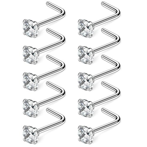 Ruifan 10PCS 18G Surgical Steel Clear Diamond CZ Nose Stud Rings L Shaped Piercing Jewelry 3mm