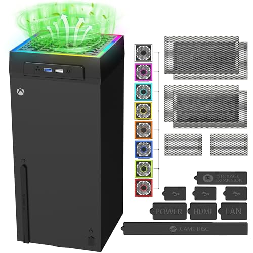 GAMSURFING Cooling Fan Dustproof for Xbox Series X Console with Colorful LED Light,Accessory with 6 Dust Cover Filter,8 Rubber Dust Plugs,3 Levels Low Noise Top Fan,Extra 3.0&2.0 USB Port for Series X