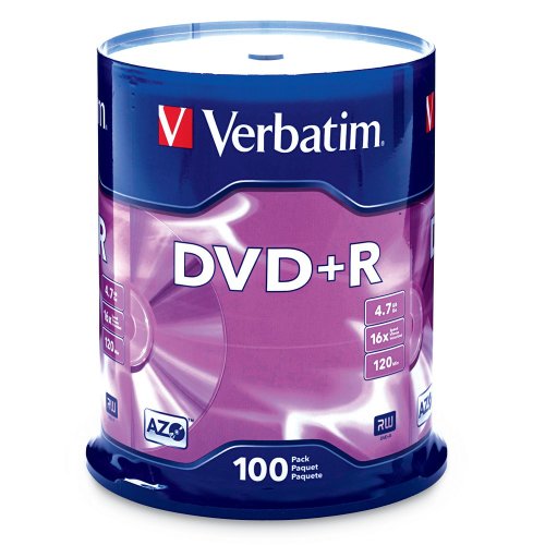 Verbatim DVD+R Blank Discs AZO Dye 4.7GB 16X Recordable Disc - 100 Discs Spindle Silver Frustration Free Packaging