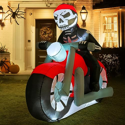 COMIN 6 FT Halloween Inflatables Motorcycle Outdoor Decorations Blow Up Yard Grim Reaper on Motorcycle with Built-in LEDs for Indoor Party Garden Lawn Decor