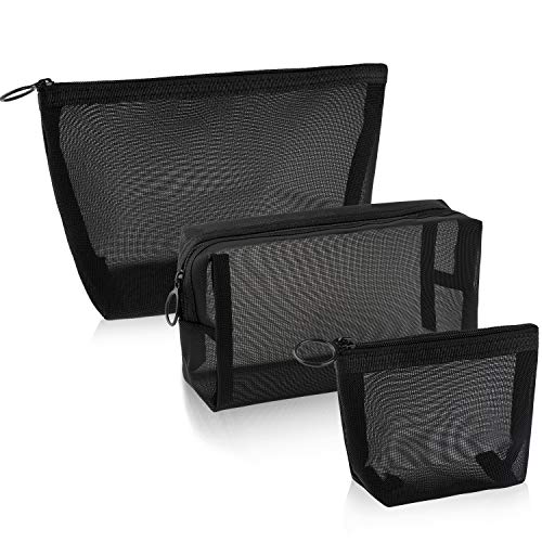 3 Pieces Mesh Cosmetic Bag, Makeup Bags, Zipper Pouch for Offices Travel Accessories, 3 Sizes (Black)