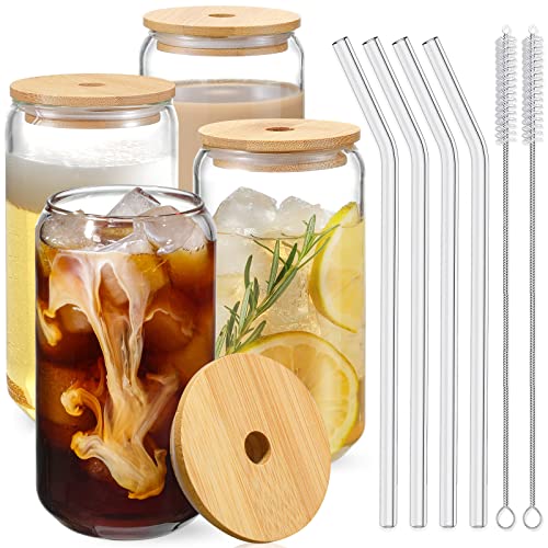 NETANY Drinking Glasses with Bamboo Lids and Glass Straw 4pcs Set - 16oz Can Shaped Glass Cups, Beer Glasses, Iced Coffee Glasses, Cute Tea Cup, Ideal for Cocktail, Whiskey, Gift - 2 Cleaning Brushes
