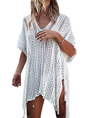 Jeasona Women’s Bathing Suit Cover Up Beach Bikini Swimsuit Swimwear Crochet Dress (Off White, XL)