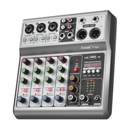 Aveek Professional Audio Mixer, Sound Board Mixing Console with 5 Channel Digital USB Bluetooth Echo Delay Effect, Input 48V Phantom Power Stereo DJ Mixers for Recording, Live Streaming, Podcasting